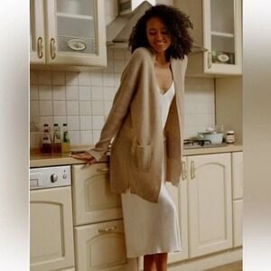 NAP Lounge Wear 100% Cashmere Ribbed Open Front Cardigan Sweater Pockets Size M